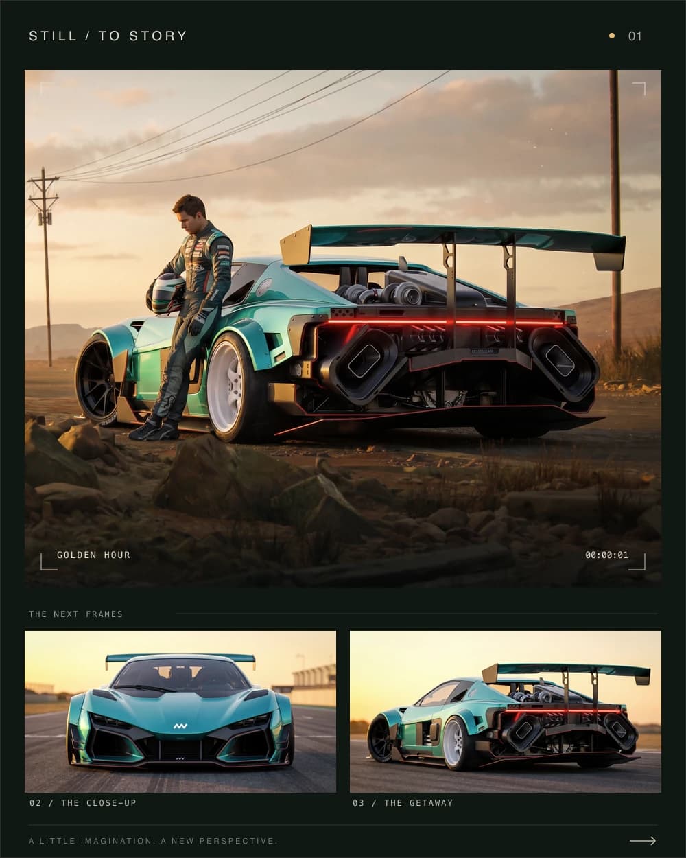 Cinematic poster of a teal sports car with a driver leaning against it in the desert at sunset.