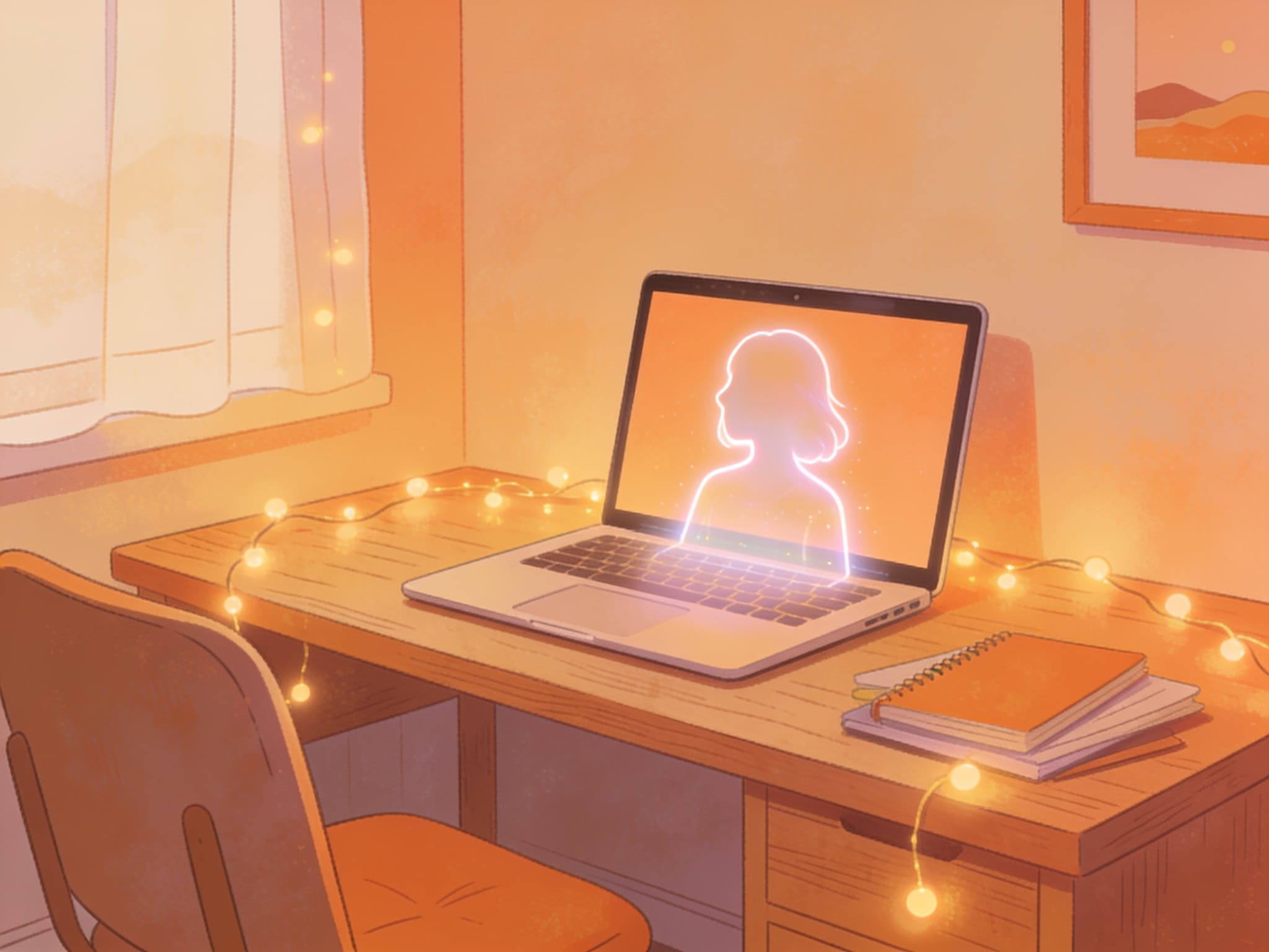 laptop on a wooden desk with a soft glowing avatar emerging from the screen