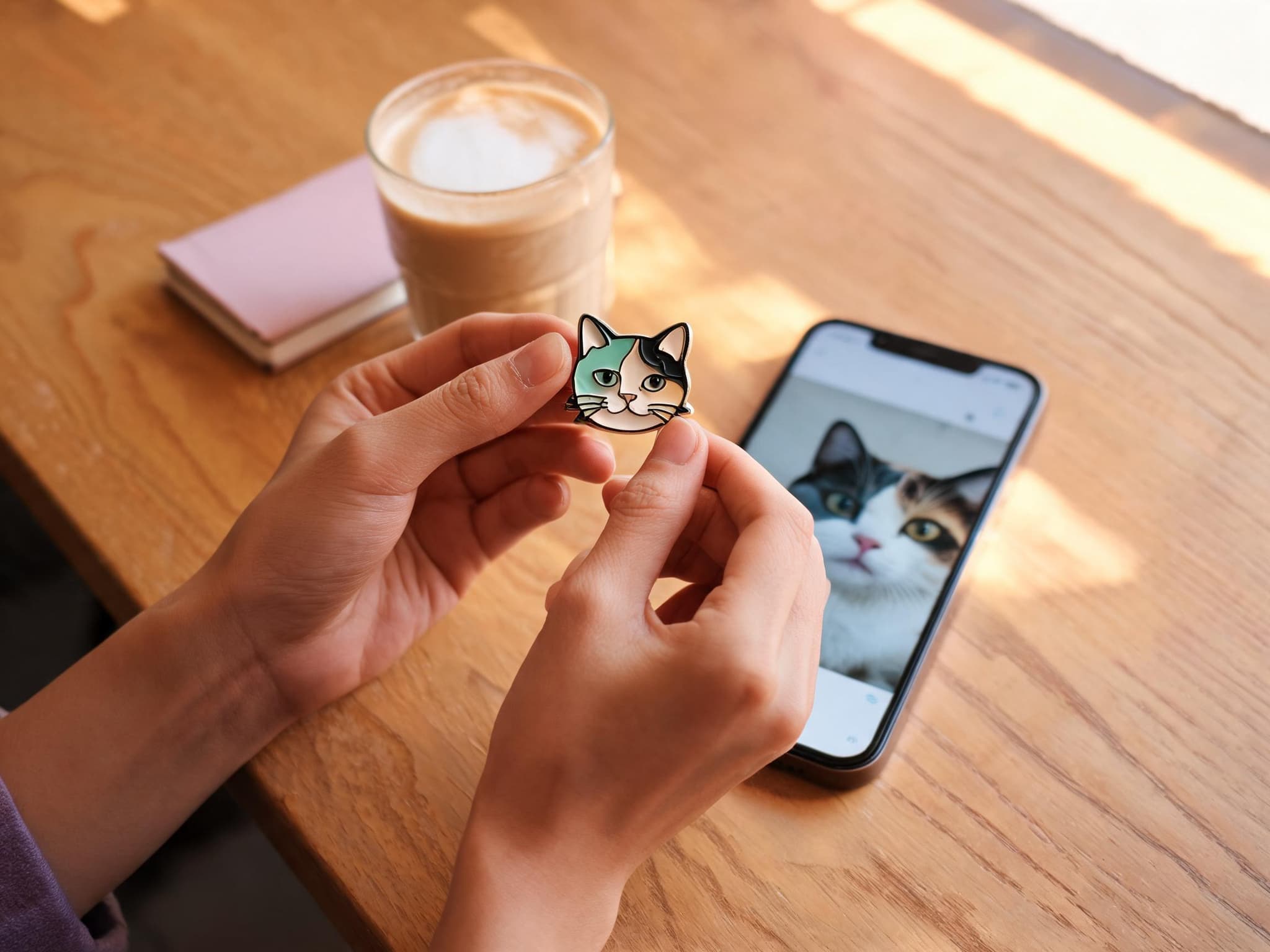 Hands holding a custom calico cat enamel pin beside a phone showing the original pet selfie on a sunlit coffee-shop table