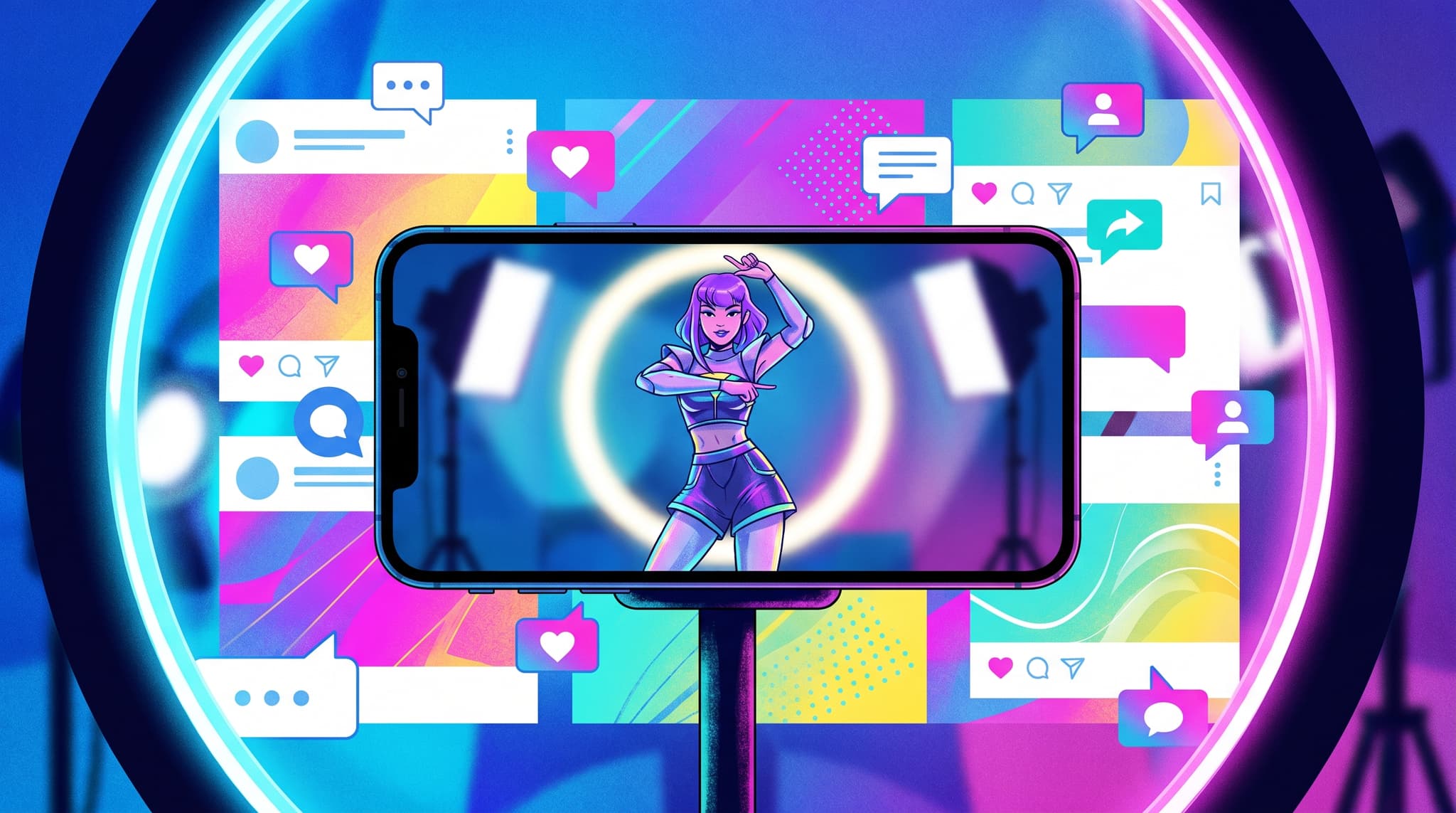 phone screen showing a virtual influencer avatar mid-pose with ring light glow
