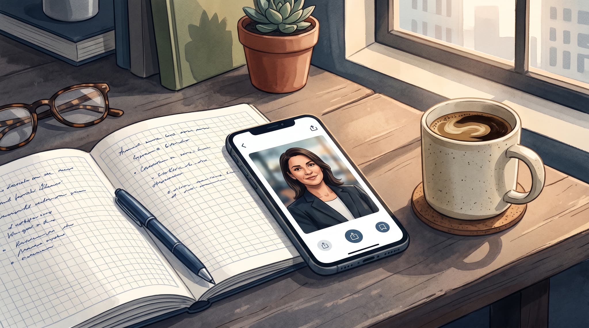 phone screen showing a professional headshot result on a desk with notebook and coffee