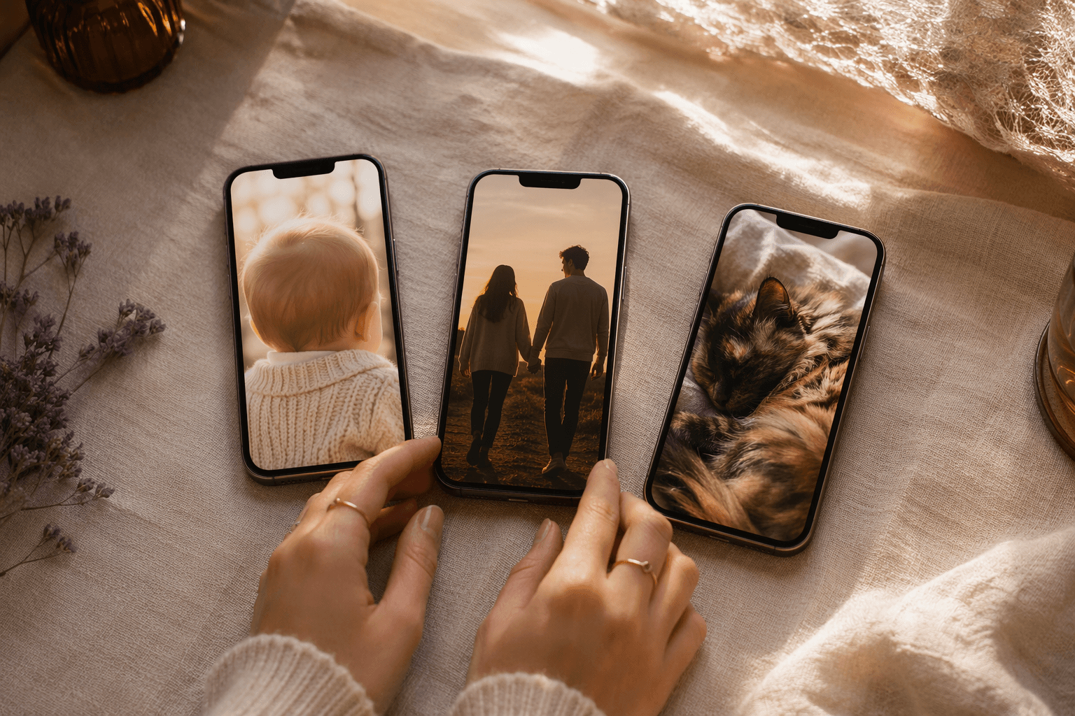Three smartphones on a linen surface each showing a different AI-generated portrait of a baby, a couple at golden hour, and a long-haired cat, with a hand comparing results in warm window light
