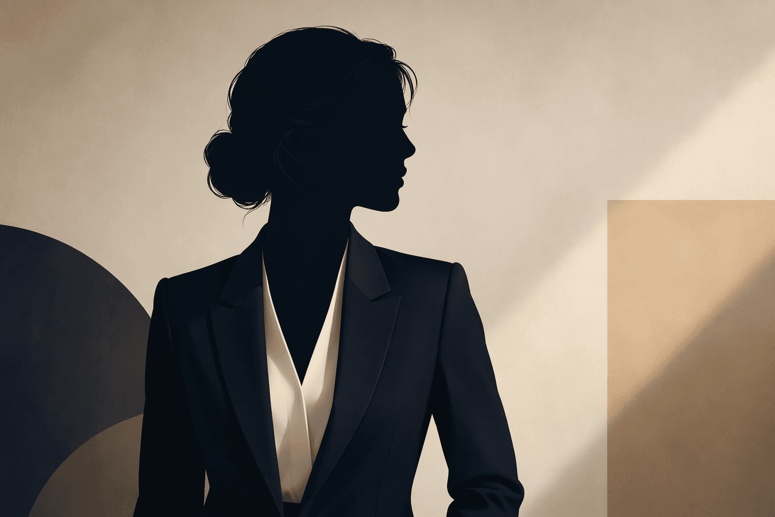 a stylized professional silhouette in a sharp blazer against soft studio backdrop