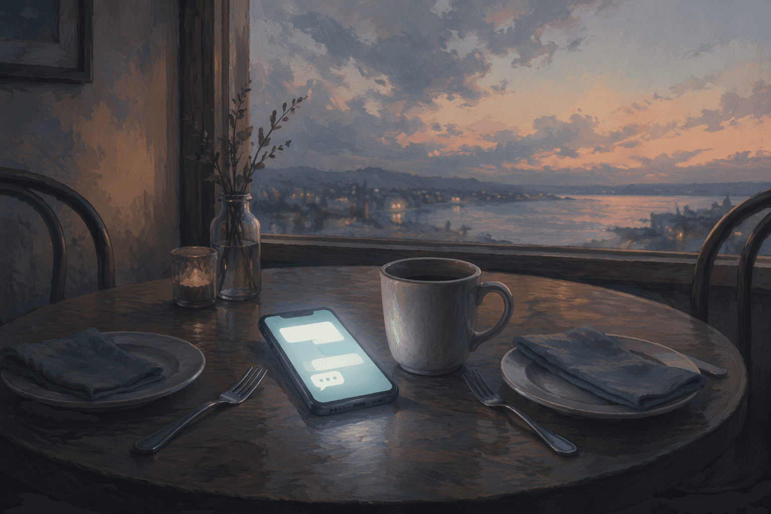 phone glowing with chat bubble next to an empty coffee mug on a table set for two