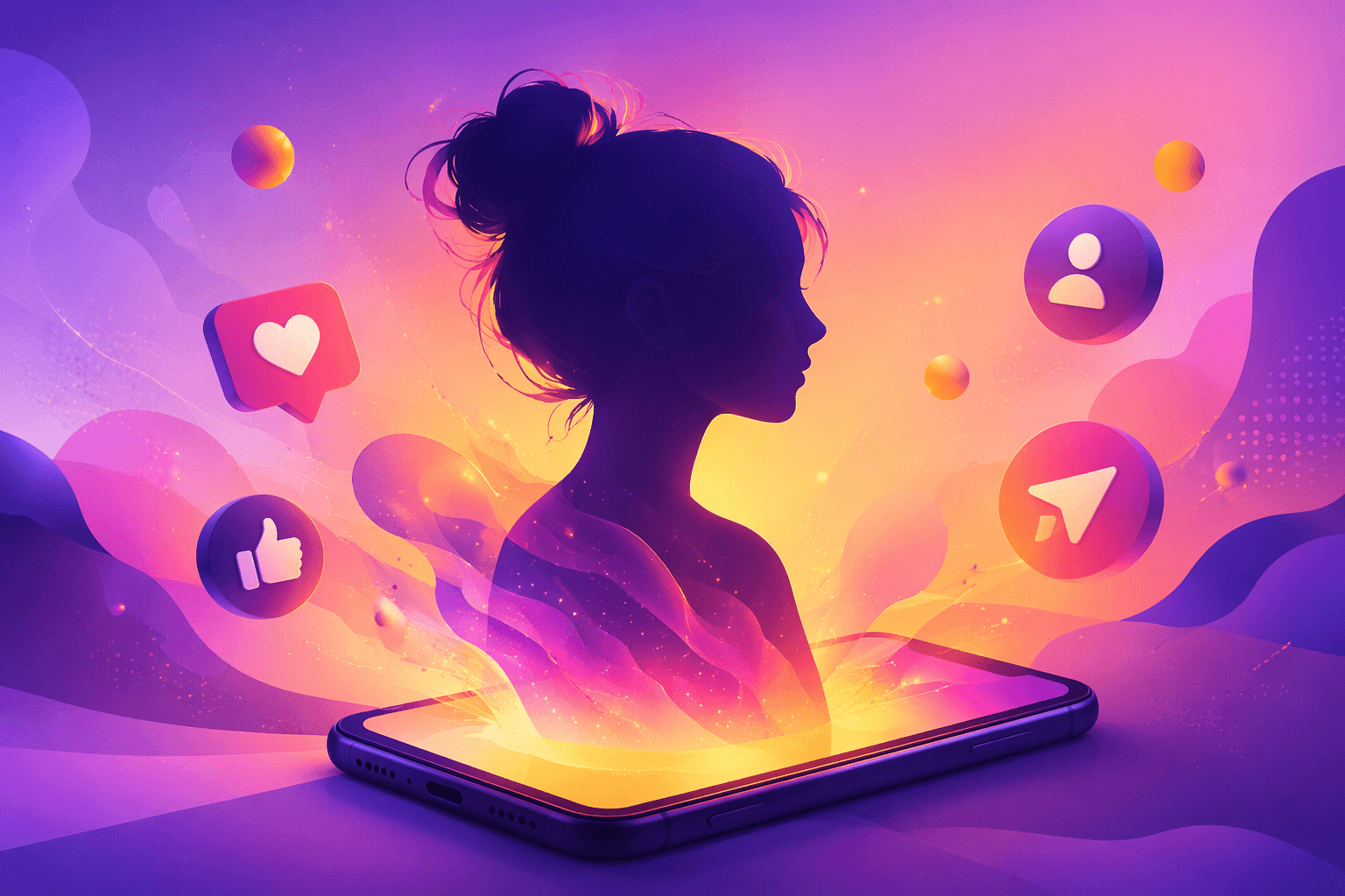 digital avatar silhouette emerging from a phone with social media icons floating around