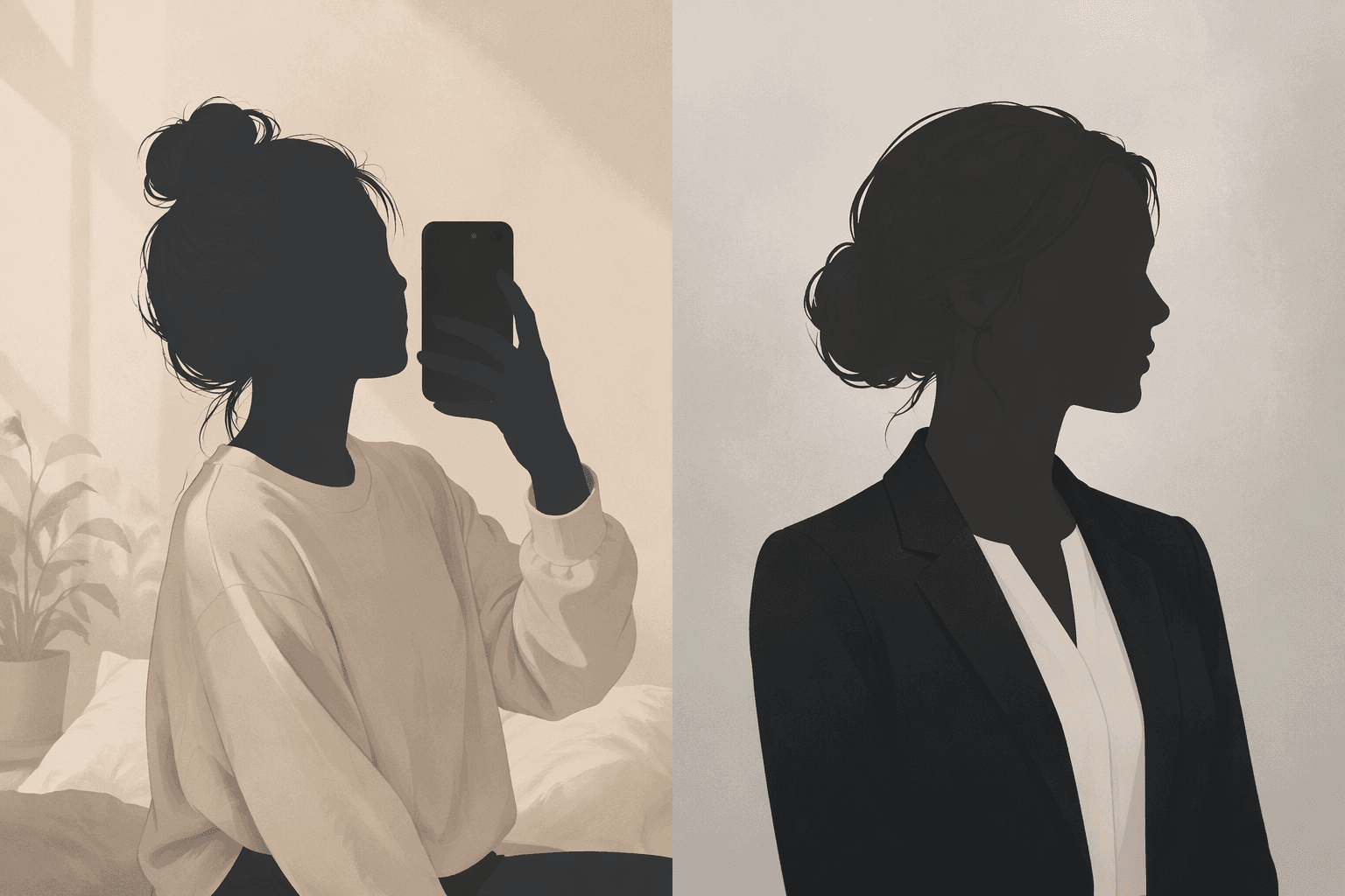 two stylized silhouettes side by side comparing casual selfie and polished business headshot