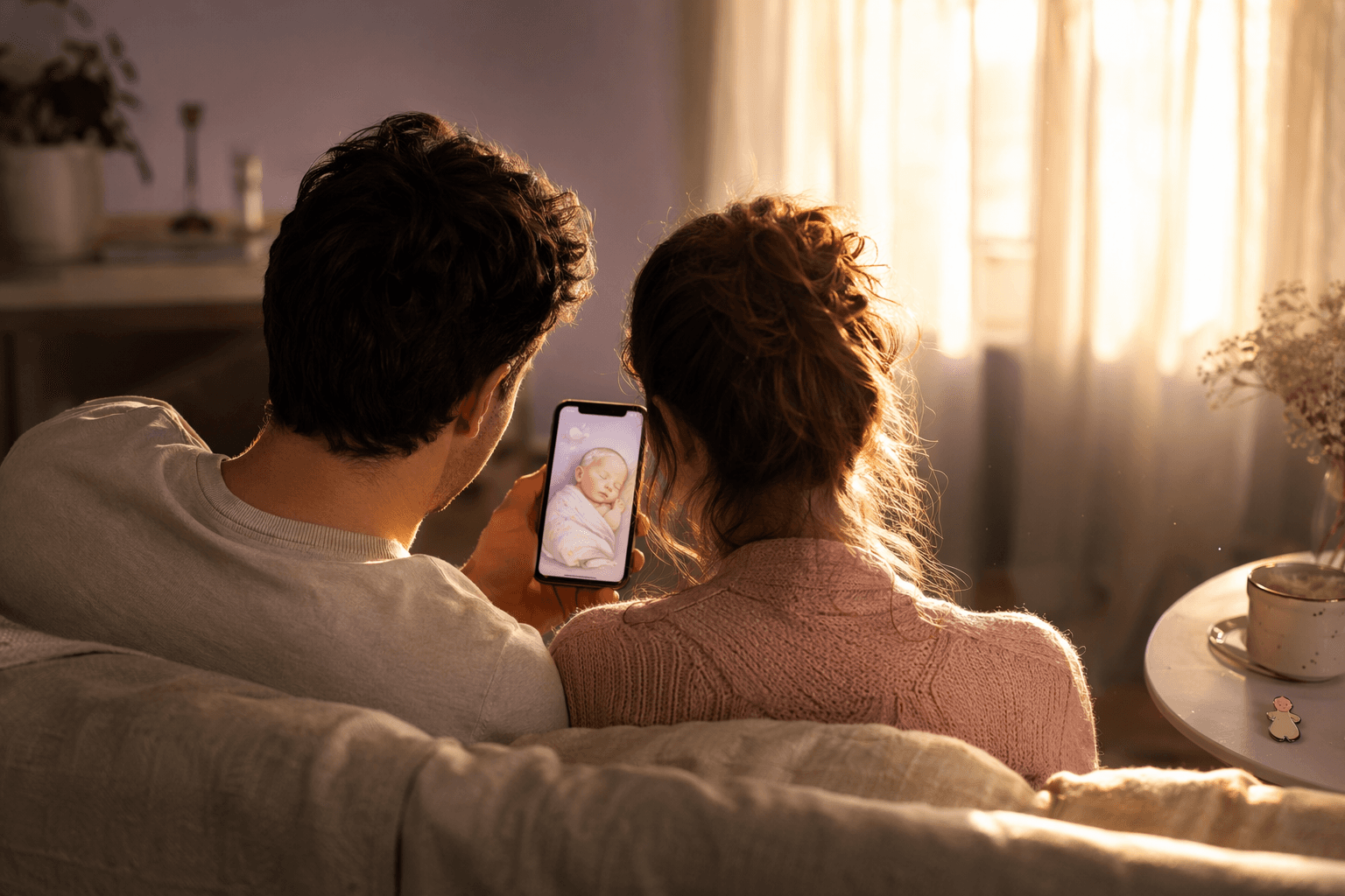 A young couple sitting on a sofa seen from behind, leaning in together to view a soft pastel AI-generated baby photo on a smartphone screen, warm afternoon light streaming through sheer curtains in a violet and amber toned living room.