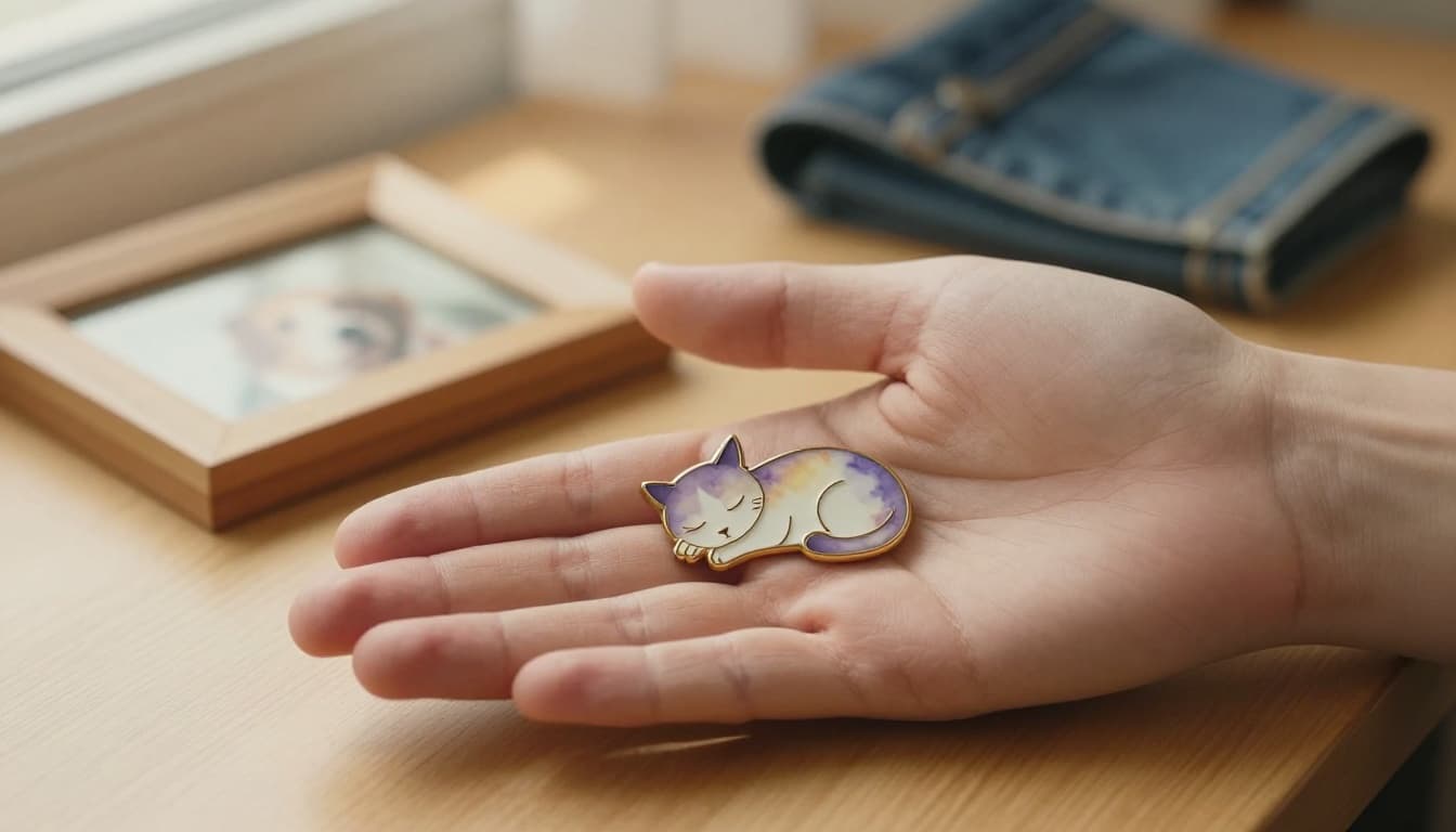 A hand gently holding a small enamel pin shaped like a sleeping pet, beside a softly blurred old photo frame on a wooden surface in warm afternoon light