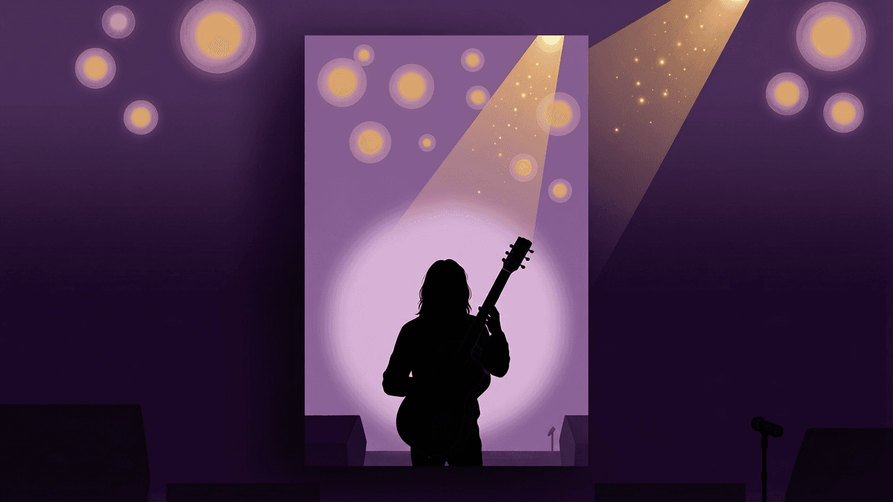 silhouetted musician holding a guitar against a moody backdrop with stage lights