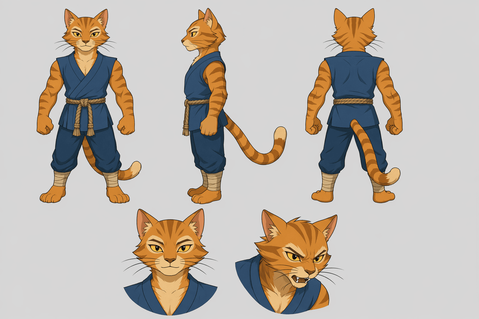 character reference sheet for an original orange tabby cat kung fu master: front, side and back views plus two expressions, flat colors on a plain background
