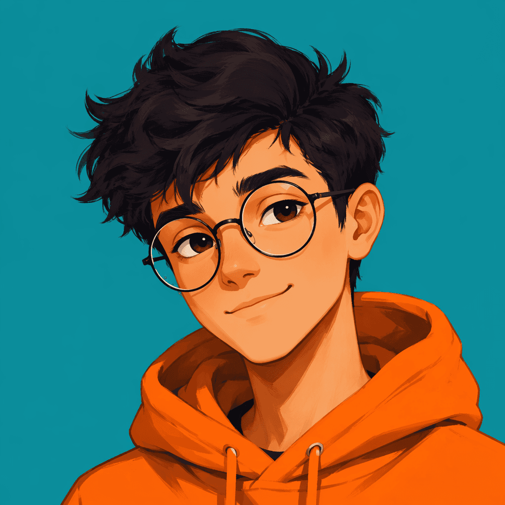 input profile picture for the cat transformation: an AI-generated illustrated character with round glasses and an orange hoodie on a plain teal background