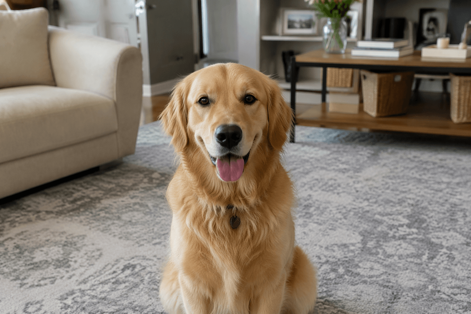 input pet photo for the cat transformation: an AI-generated golden retriever sitting on a living room rug in soft window light