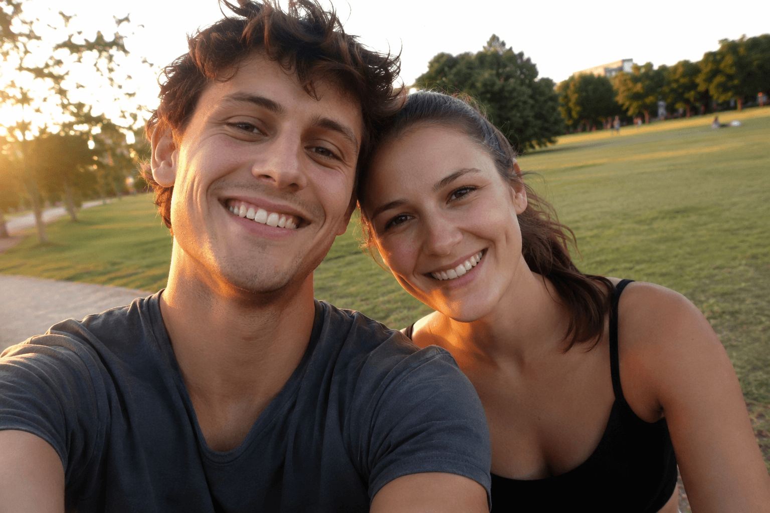 input photo for the cat transformation: an AI-generated sample couple selfie in a sunny park at golden hour, shot phone-style with both faces clearly visible
